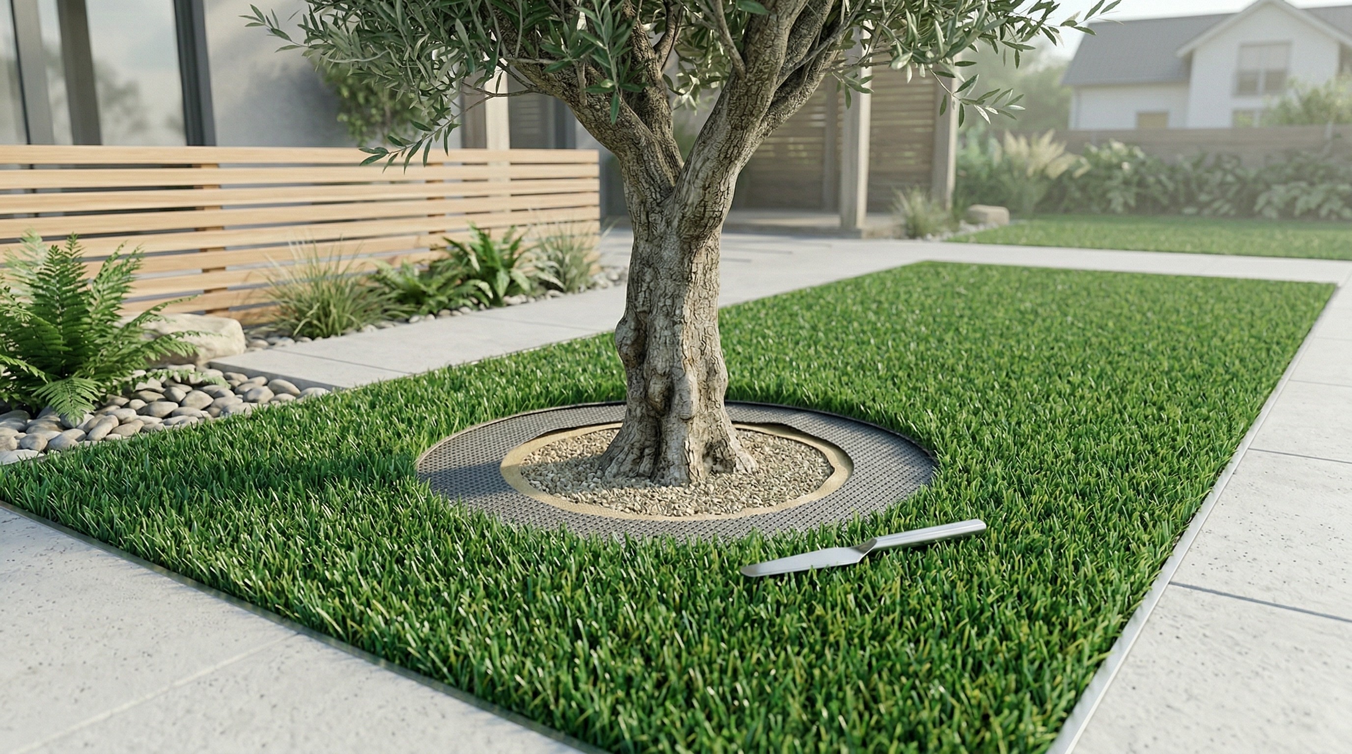 integrer un arbre dans du gazon synthetique